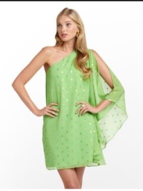 Lilly Pulitzer Bright Lime Green Chiffon Scarf with Gold Polka Dots